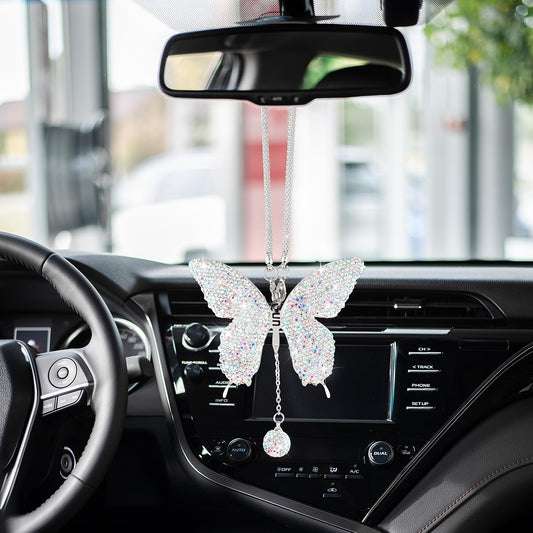 Sibba Rear View Mirror Bling Interior Hanging Ornament Automotive Car Decor Decorations Pendants Rhinestone Diamond Rearview Charm Set Sparkly Glitter Crystal Hanging Ornaments (Butterfly,Colorful)