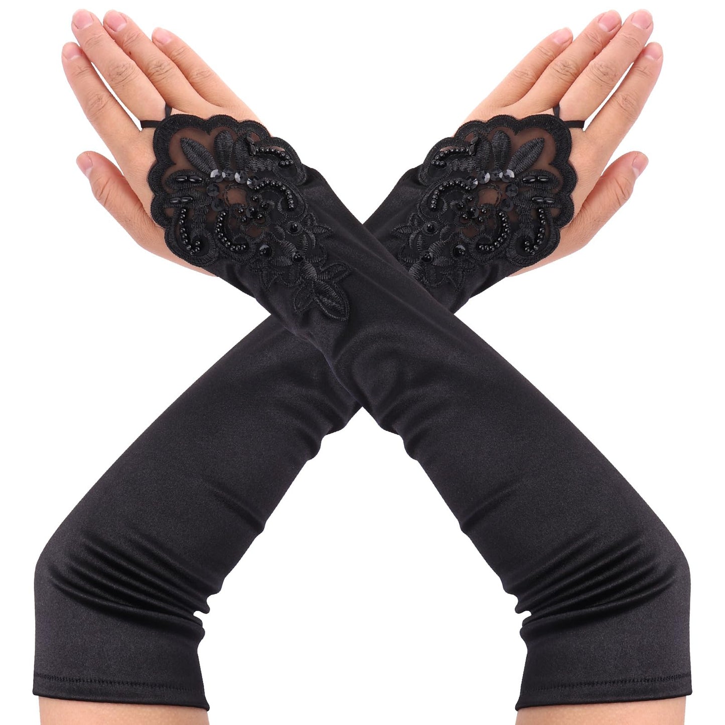 Sibba Lace Gloves Black Fishnet Fingerless Sleeves 1920s Halloween Cosplay Easter Arm Gothic Warmers Sun Uv Protection Summer Opera Evening Bride Costume Hand Nail Glitter Embroidered Stockings (Long)
