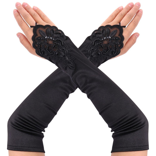 Sibba Lace Gloves Black Fishnet Fingerless Sleeves 1920s Halloween Cosplay Easter Arm Gothic Warmers Sun Uv Protection Summer Opera Evening Bride Costume Hand Nail Glitter Embroidered Stockings (Long)