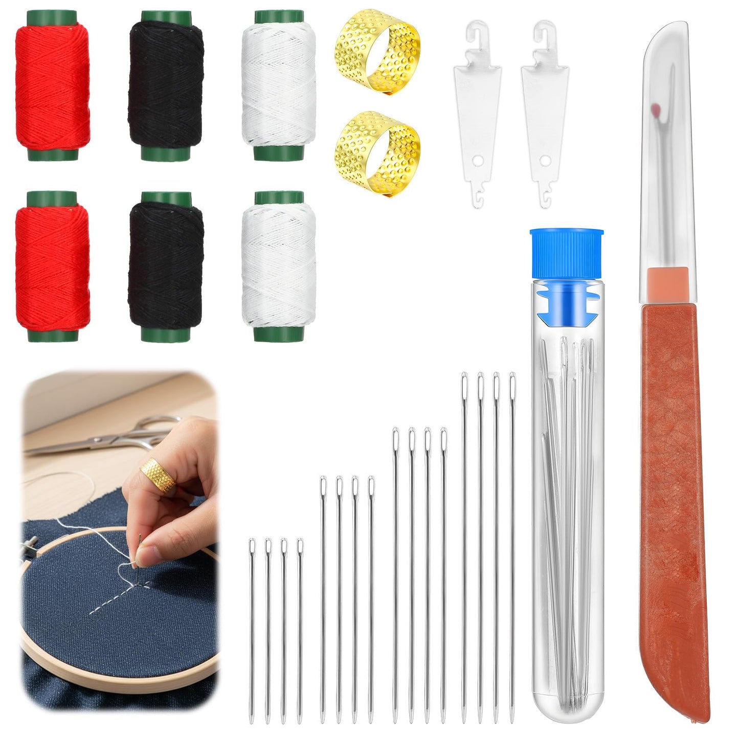 ElevateTech Big Eye Stainless Steel Sewing Needles Kit, 37 Pcs Stainless Steel Thread & Needles for Hand Sewing Kit DIY Craft Sewing-Tool Set for Beginners, Handcraft Lovers