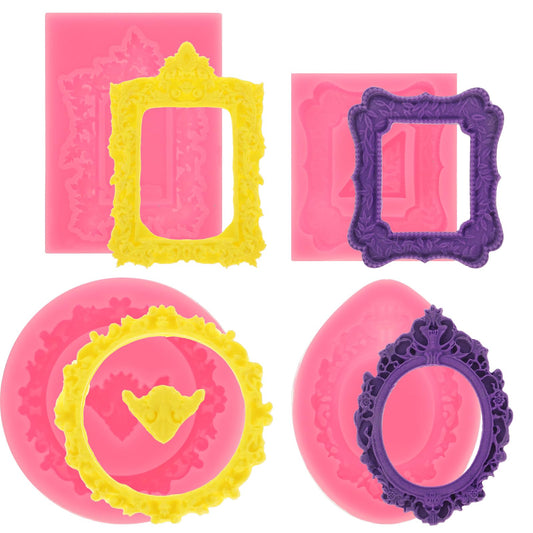 COMNICO Photo Frame Fondant Mold, 4Pcs Picture Frames Mirror Silicone Molds Vintage Frame Molds Polymer Clay Decorating Tools for Cake Decorating Cupcake Topper Chocolate Candy