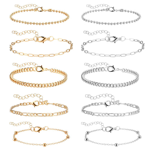 Wanmu Pack of 10 Women's Gold Silver Adjustable Cuban Chain Bracelets, Waterproof Boho Paper Clip Bracelets, Jewellery for Women, Girls