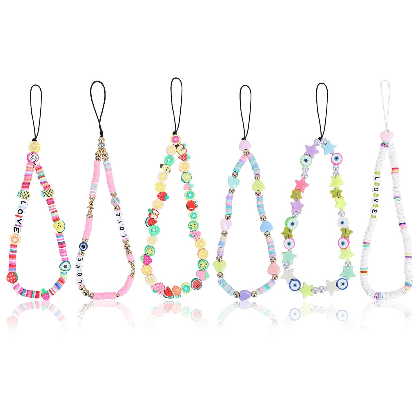 Sibba Beaded Phone Charm Mobile Lanyard Anti-Lost Key Chain Wristlet Bracelet Rainbow Smiling Face Fruit Star Letters Wrist Strap Handmade Acrylic Clay Beads Cell Case Decoration (6 PCS Set C)