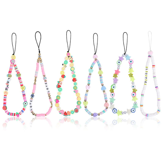 Sibba Beaded Phone Charm Mobile Lanyard Anti-Lost Key Chain Wristlet Bracelet Rainbow Smiling Face Fruit Star Letters Wrist Strap Handmade Acrylic Clay Beads Cell Case Decoration (6 PCS Set C)