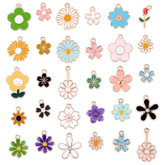 WLLHYF 30PCS Flower Charms for Jewelry Making Spring Floral Themed Assorted Gold Plated Mixed Enamel Flower Charms for DIY Crafts Bracelet Necklace Earring
