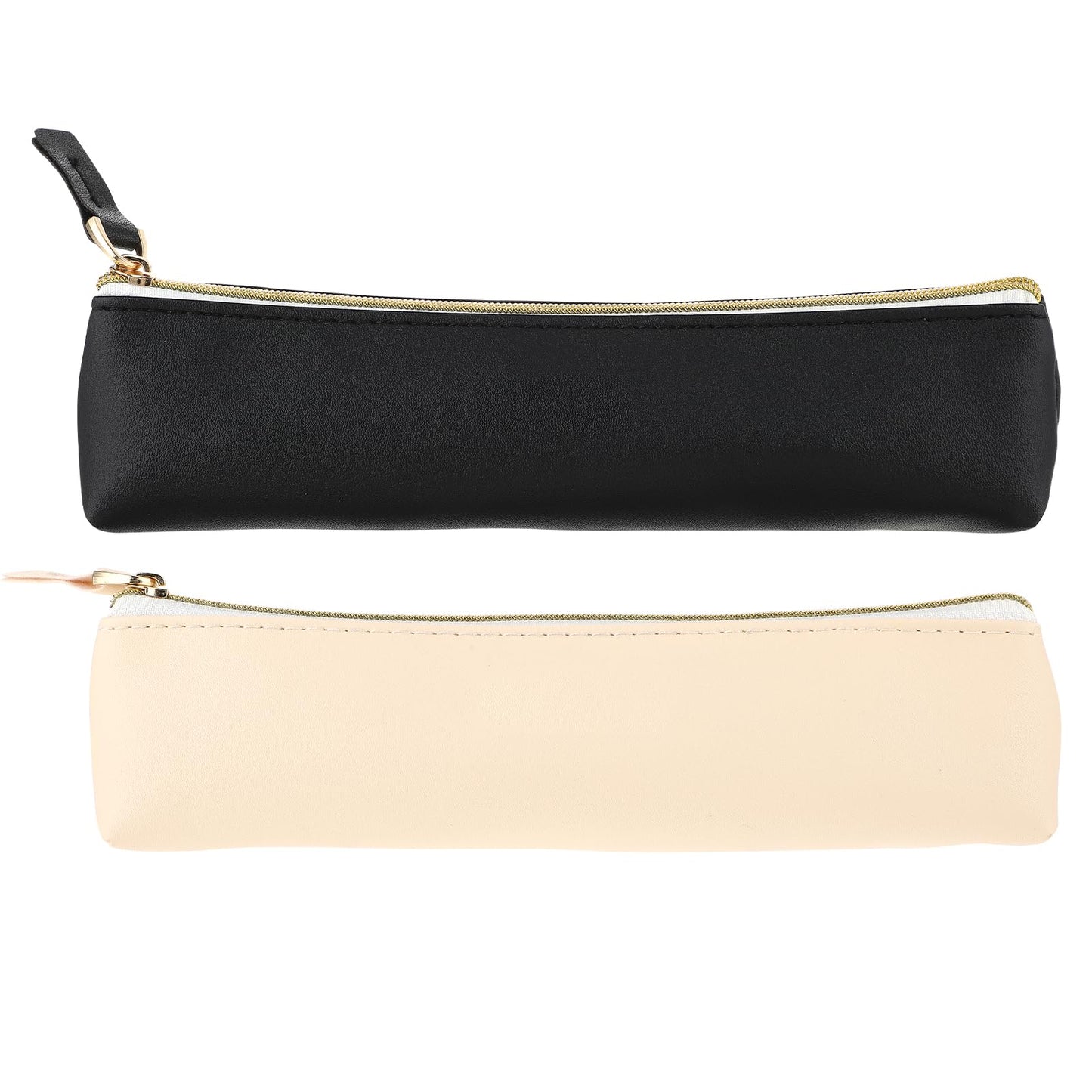 Dimeho 2 Pcs Leather Pencil Case Pouch Slim Design Pen Pencil Case Pencil Bag Zipper Stationery Bag Portable Pencil Pouch for Pens, Pencils, Markers(Black&Beige)