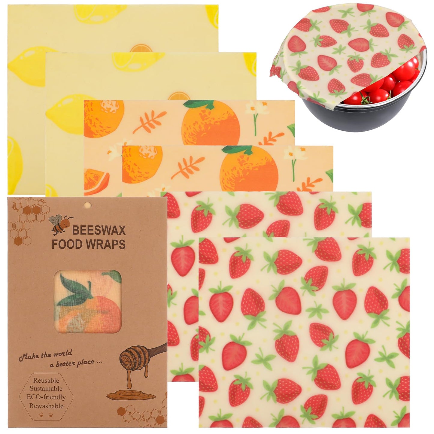 Reusable Beeswax Wrap 6Pcs Beeswax Wraps for Food Eco-Friendly Beeswax Food Wraps Bread Sandwich Wrapper Organic Sustainable Zero Waste Plastic-Free Food Storage Wrap