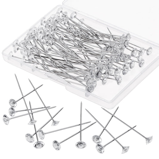 COMNICO 100pcs Sewing Pins Straight Pin Clear Crystal Head Rhinestones Corsage Stick Boutonniere Pins 1.5inch Bouquet Flower Floral Diamond Pins for Wedding Jewelry DIY Decoration