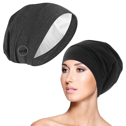 Bonnet Sleeping Hair Cover 2 PCS Elastic Soft Band Slouchy Buff Night Sleep Cap Curly Straight Braids Protection Steam Dryer Hood Drying Lined Satin Adjustable Locs Wrap Men Women Black