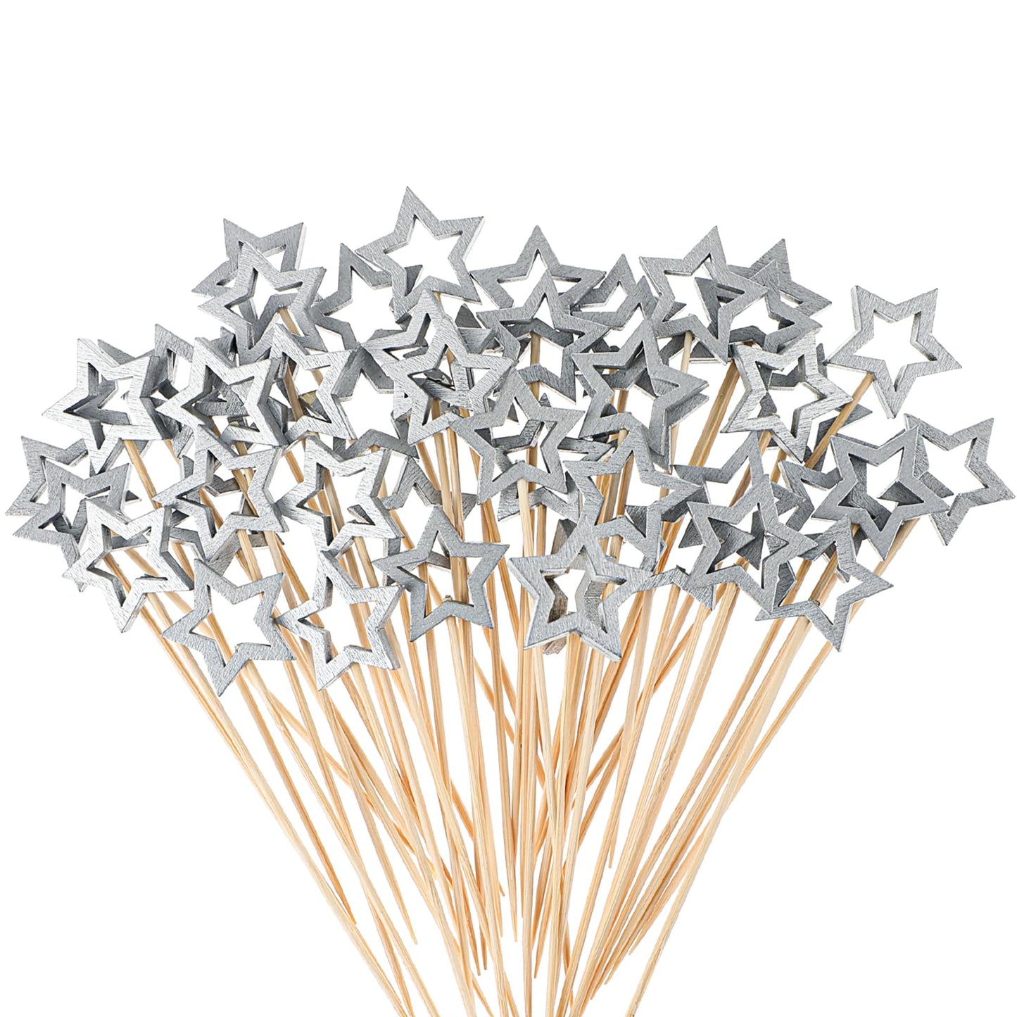 Dimeho 50 Pcs Star Cocktail Picks 5.5 Inch Long Decorative Wooden Toothpicks Bamboo Cake Decoration Sticks for Appetizers Drink Garnish Fruits Skewer Party Christmas New Year Birthday(Silver)