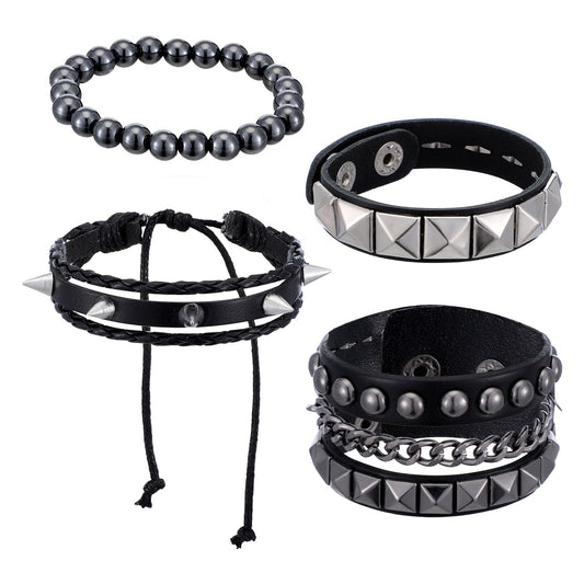 Wanmu Pack of 4 Punk Rock Bracelets, Wide Studded Rivet Bracelet, Leather Bracelet, Gothic Cuff Jewellery, Emo Accessories for Men, Women, Halloween, Christmas, Costume Party, Concert, Cosplay, Black