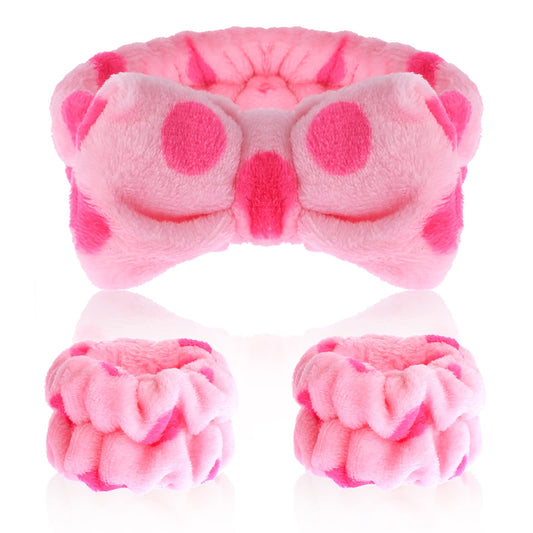 WLLHYF 3 Pieces Spa Headband Wrist Washband Scrunchies Cuffs for Washing Face Makeup Headband Facial Hairband Towel Wristbands Headband Face Wash Wristband for Women Girls (pink)