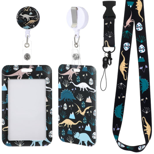 Cute Lanyards for ID Badges, Badge Holder with Retractable Reel Clip, Dinosaur Badge Holder with Retractable Reel and Breakaway Lanyard for Women Nurse Nursing Doctor Teacher Student Kids