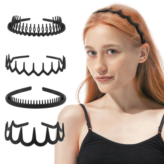 4Pcs Fashion No Slip Effortless Plastic Headbands with Teeth Comb Black Skinny Hair Bands Outdoor Sports Headbands Unisex Simple Hair Accessories for Women Men Teen Girls