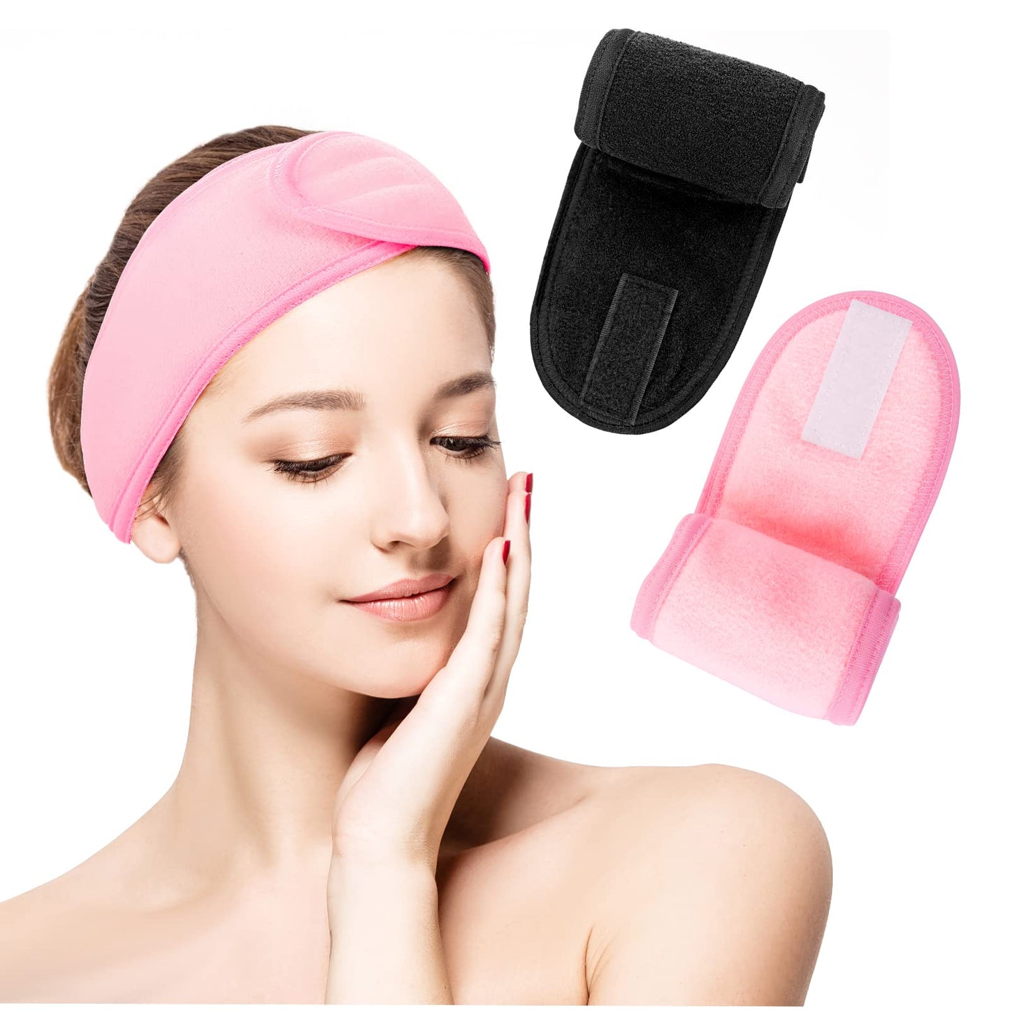 Sibba 2 Pack Spa Headband, Adjustable Headband for Face Wash Makeup Beauty, Facial Loop Yoga Headband Self-Adhesive Towel (Black&Pink)