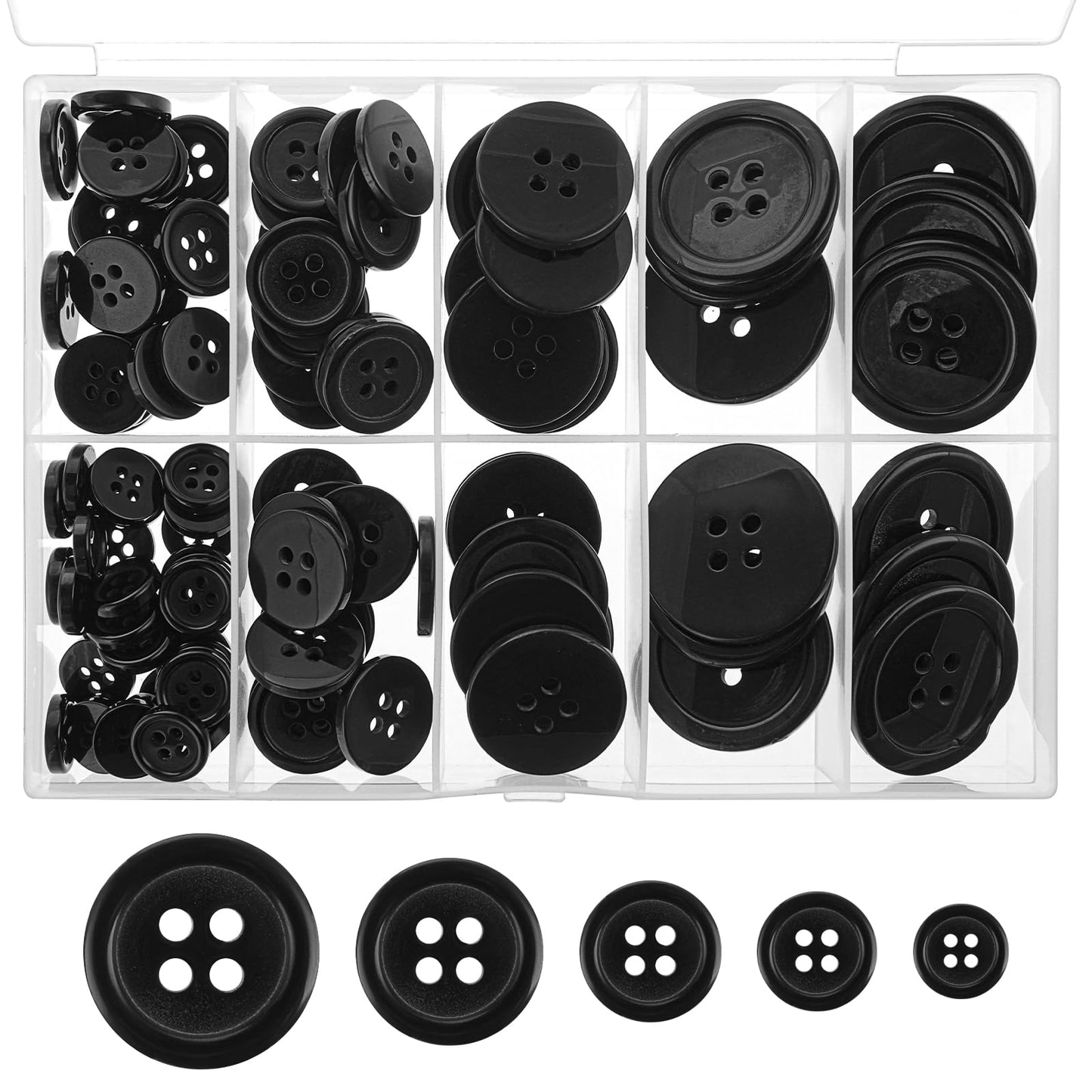 Dimeho 100 Pcs Resin Sewing Buttons Black Round Mixed Shirt Buttons 4-Hole 5 Sizes Flatback Plastic Buttons Craft Buttons for Sewing, DIY Crafts, Holiday Decoration, Handmade Ornament