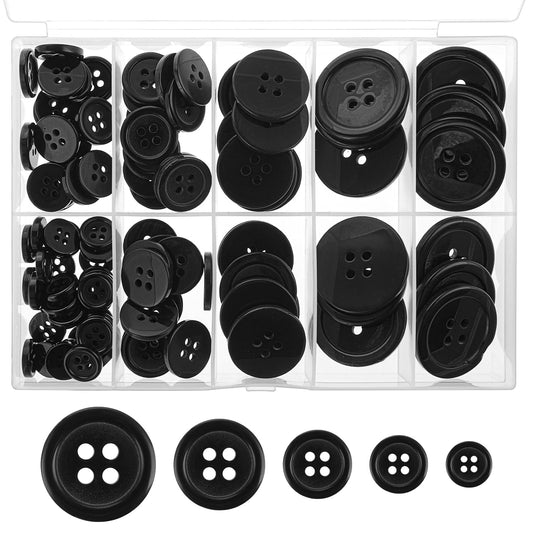 Dimeho 100 Pcs Resin Sewing Buttons Black Round Mixed Shirt Buttons 4-Hole 5 Sizes Flatback Plastic Buttons Craft Buttons for Sewing, DIY Crafts, Holiday Decoration, Handmade Ornament