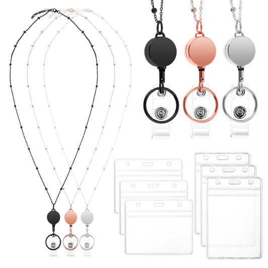 Sibba 3 Pcs Retractable Badge Reel Lanyard with Name Card Holder, Waterproof ID Badge Holders, 3 Color Stainless Steel Necklace Lanyard for Women Men