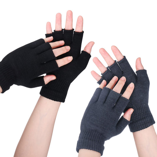 Sibba 2 Pairs Half Finger Gloves, Knit Touchscreen Warm Stretchy Mittens Fingerless Gloves for Men Women(Black&Grey)