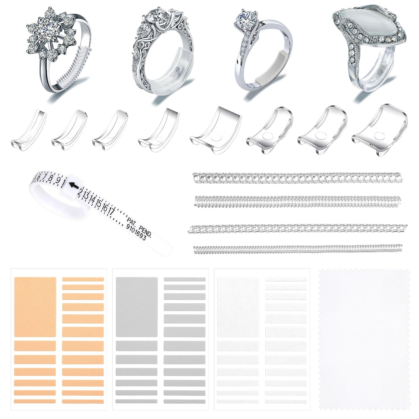 17 Pcs Invisible Ring Size Adjusters Set for Loosing Rings Silicone Resizer Tightener Ring Size Reducer Spacer Ring Guard with Ring Sizer Measuring Tool Polishing Cloth Organizer for Man Woman(silver)