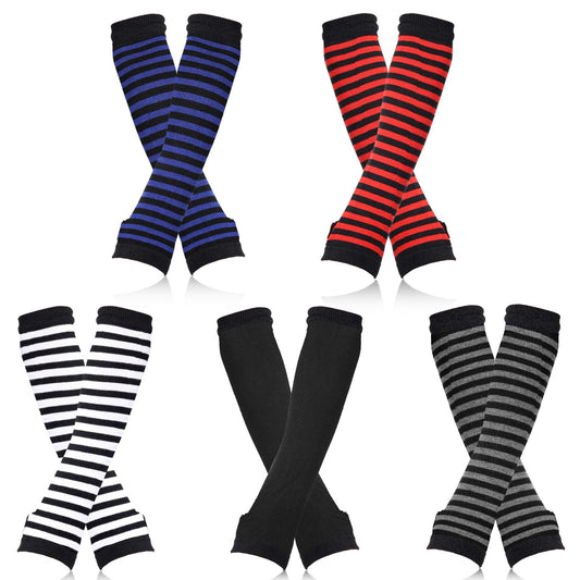 Sibba Fingerless Gloves Arm Warmers Goth Sleeves 5 Pairs Punk Rock Disco Clothes Outfits Gothic Halloween Cosplay Long Striped Winter Warm Costume Cuffs Finger Mittens Women(Mixed-colored)