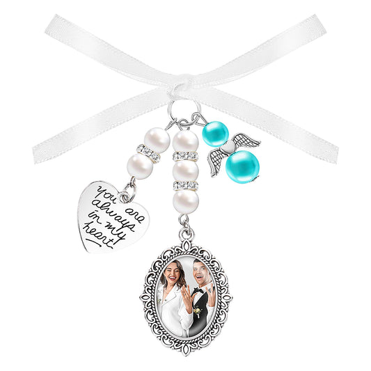 Wedding Bouquet Photo Charms Personalized Bridal Memorial Pendant You Are Always In My Heart Silvertone Keepsake Ribbon Bow Pearl Charm Customize for Wed Floral Picture Template(Single)