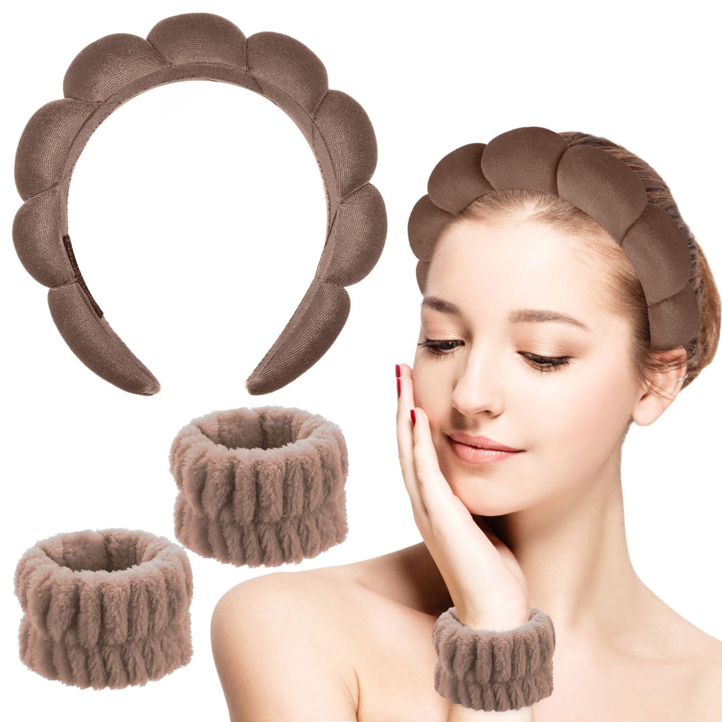 Sibba Sponge Headband Wristband Sets for Washing Face, Makeup Headbands for Women Girls, Skincare Makeup Removal Wash Spa Yoga Sports Shower Head Band Terry Towel Cloth Hair Band (Coffee)
