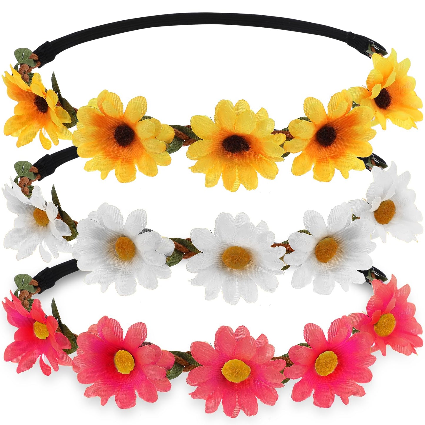 WLLHYF 3 Pieces Daisy Flower Headband Multicolor Flower Crown Floral Garland Headbands Adjustable Elastic Hair Band for Women Girls Lady Festival Wedding Party Washing Face