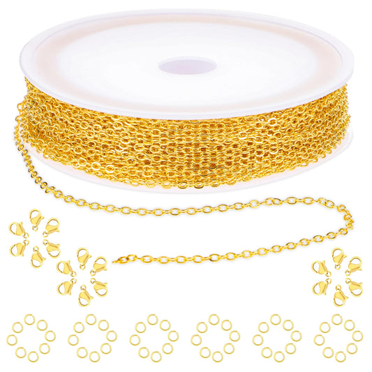 COMNICO 16.4ft Stainless Steel Chain 2.4mm Jewelry Cable Link Chain Roll DIY Craft Supplies Findings with 20pcs Lobster Clasps 50pcs Jump Rings for Making Necklace Earring Bracelet (Gold)