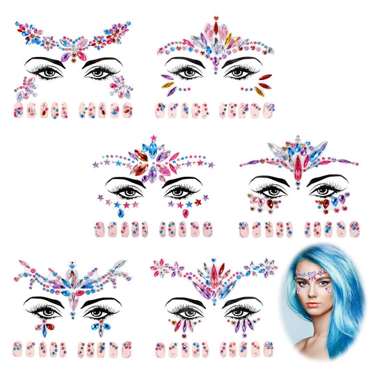 6Pcs Face Jewels Sticker Mermaid Face Gems Sticker Face Rhinestones Accessories Temporary Crystal Decorations Stick On Eyes Body Face for Christmas Festival Music Carnival Party Rave Makeup
