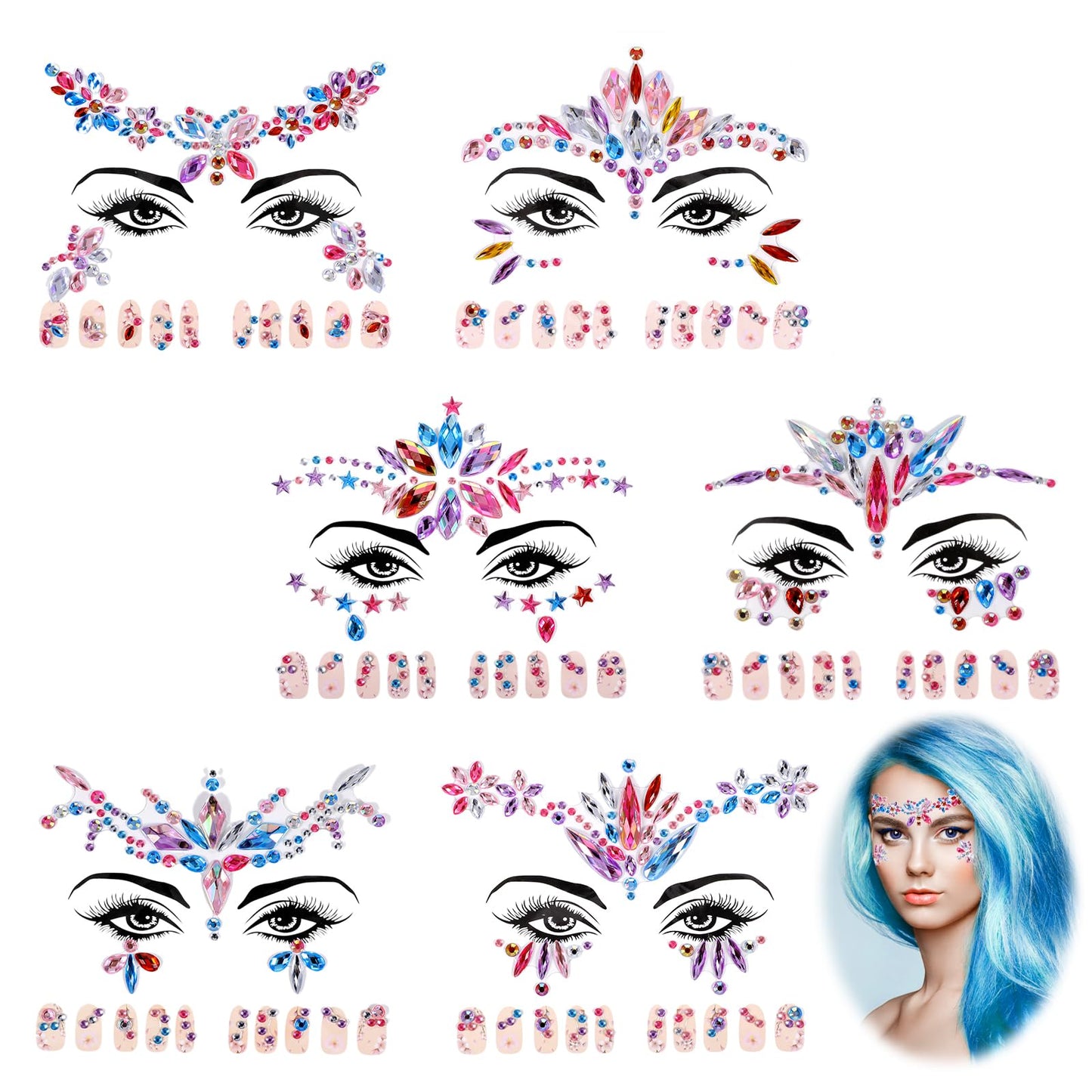6Pcs Face Jewels Sticker Mermaid Face Gems Sticker Face Rhinestones Accessories Temporary Crystal Decorations Stick On Eyes Body Face for Christmas Festival Music Carnival Party Rave Makeup