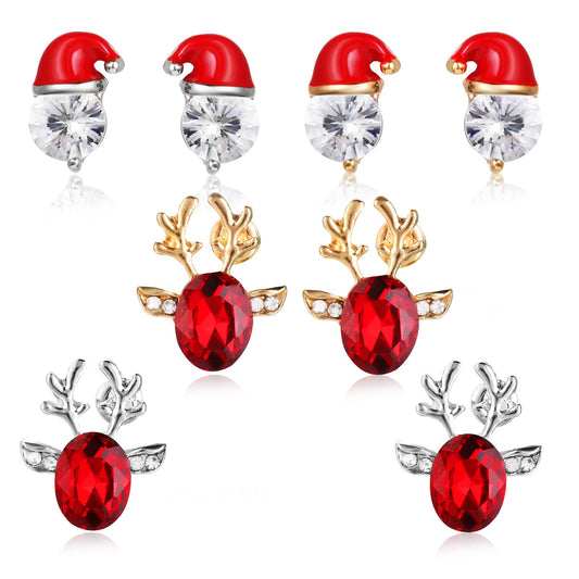 Sibba Drop Dangle Stud Earrings Christmas Festival Set Alloy Jewelry Valentines Day Easter Gifts (4 Pairs Santa Hat Elk)