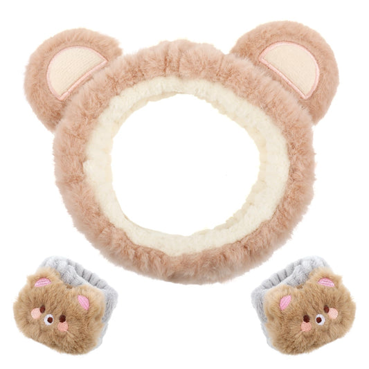 WLLHYF 3 Pieces Face Wash Headband and Wristband Set, Cute Bear Ears Spa Headband Makeup Skincare Hair Band Towels Wrist Bands Facial Head Wraps Wrist Scrunchies for Women Girls