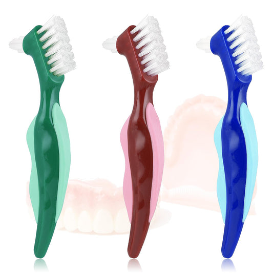 3 Color Denture Toothbrush, 3 Pcs Double Bristle Head Denture Cleaning Brush Set with Multi-Layered Bristles and Rubber Anti-Slip Handle for False Teeth Cleaning