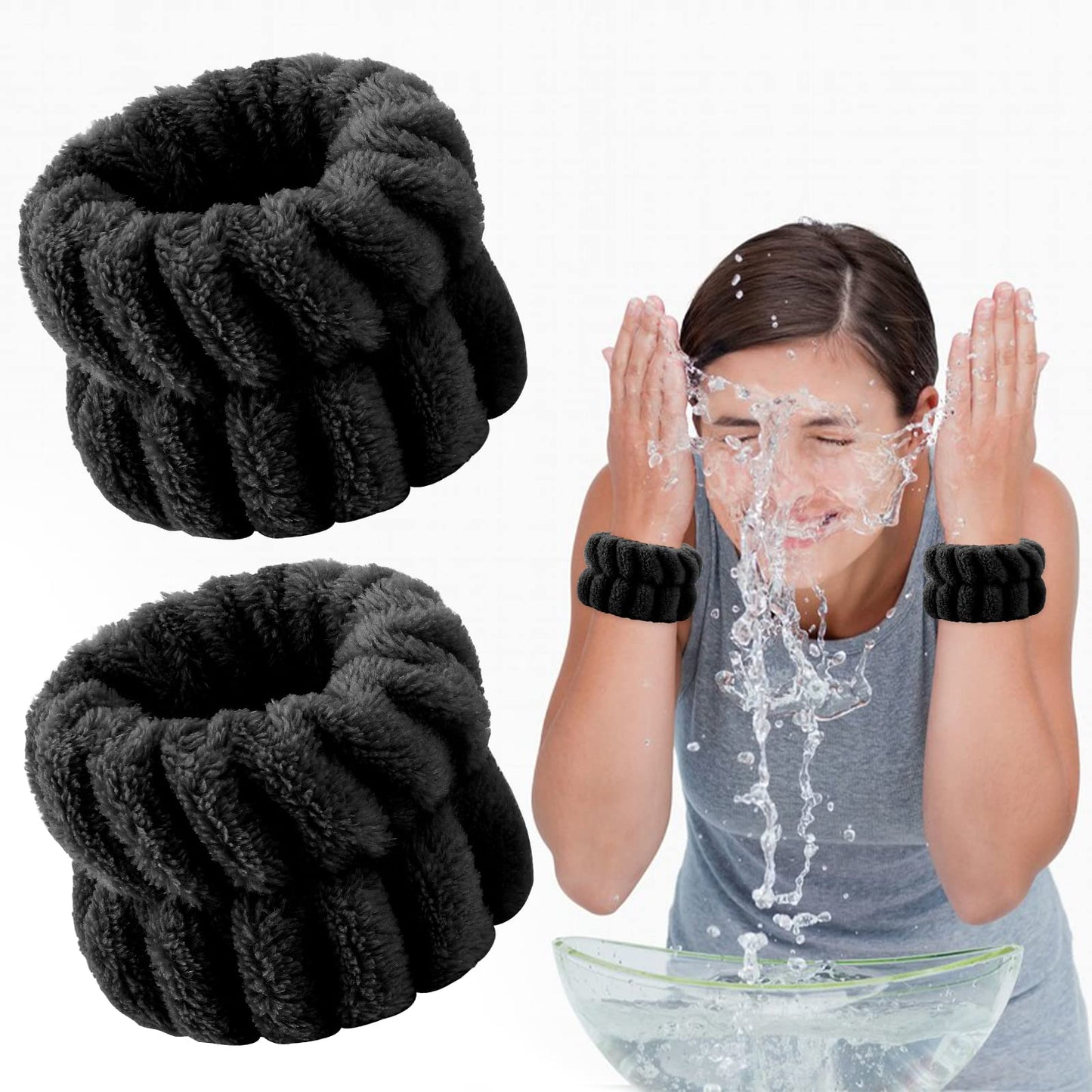 Sibba 2 Pieces Women's Microfiber Wrist Wash Bands, Absorbent Wristbands Wrist Sweatband for Girls Prevent Water from Spilling Down Your Arms (Black)