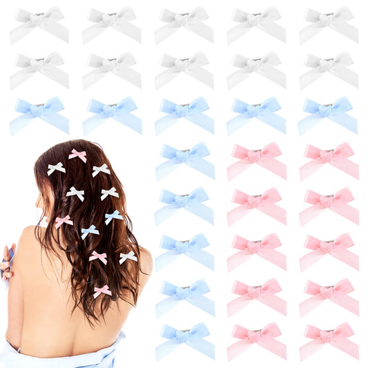 30PCS Bow Hair Clips Satin Mini Bowknot Barrettes Non-Slip Ribbon Hairpins Kawaii Claw Clip Small Pins Metal Sweet Hairstyle Accessorie for Women Girl Toddlers (pink+blue+white)