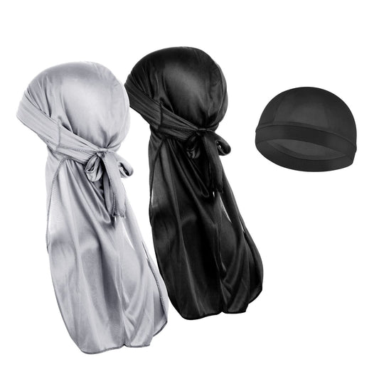 WLLHYF 3 Pieces Silky Durag Caps Elastic Wave Cap Headwraps Dome Long Tail Hair Cap Sweat Wicking Hat Breathable and Comfortable Headwrap Hat Shower Cap for Men Women Black