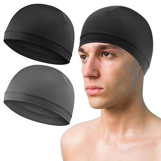 COMNICO 2 Pcs Men Skull Caps Beanie Multifunctional Sleep Hats Breathable Headwear Sweat Absorbent Liner Cap for Men Women (Black，Dark Grey)
