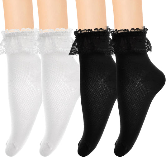 COMNICO Lace Ruffle Ankle Socks, 2 Pairs Cotton Frilly Ribon Trim Socks for Women (Lace, Cotton)