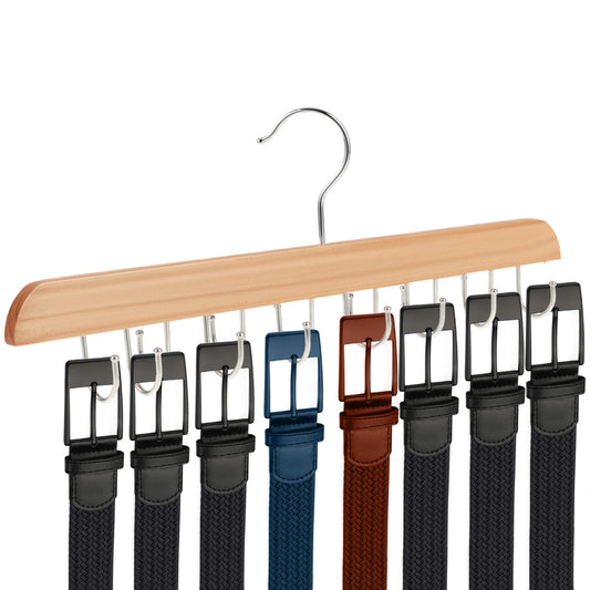 WLLHYF 1 Pack Belt Hanger, Sturdy Wooden Closet Leather Belt Shelf Holder, 360°Rotating Tie Storage Rack with 14 Hooks Space Save Organizer for Tank Tops Scarves Bras Bags (Nature)
