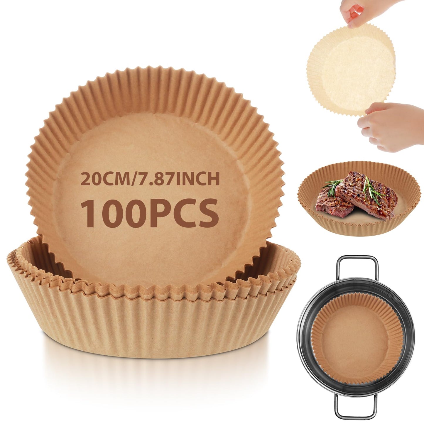 COMNICO 100 PCS Air Fryer Paper Liners Non-Stick Air Fryer Baking Parchment Liner Waterproof Food Grade Disposable Baking Paper Air Fryer Accessories for Baking Roasting (100PCS)