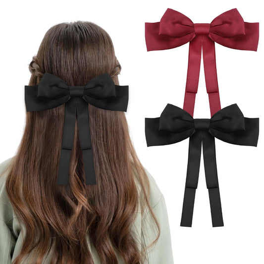 2 PCS Silky Satin Hair Bows Hair Clip for Women, Bow Hair Ribbon Clip with Long Tail, Cute Aesthetic Hair Accessories for Women Girls Toddlers Teens Kids (Black, Red)