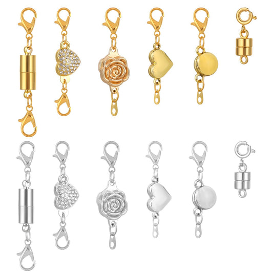 Qianyu12 Pcs 6 Styles Magnetic Necklace Clasps and Closures Gold and Silver Plated Jewelry Extender Locking Magnetic Lobster Bracelet Clasp Helper for Jewelry Necklaces Bracelets Making