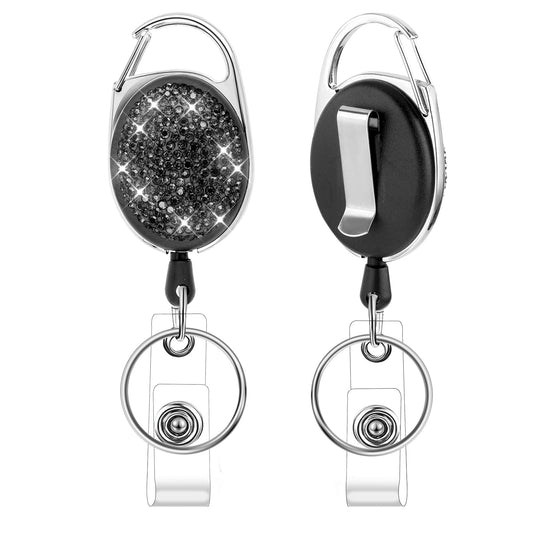 Retractable Badge Reels with 24" Kevlar Cord, Bling Rhinestone etractable Badge Holder, Badge Reel Card Holder with Key Ring Backing Belt Clip for ID Card Holders, Nurse, Volunteer, Teacher, Student
