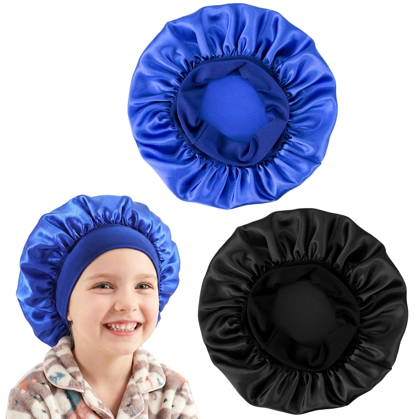Wanmu 2Pcs Kids Bonnets for Girls, Elastic Wide Band Satin Bonnets for Kids Sleeping, Soft Toddler Bonnet Sleep Cap for Teens Boys Child Toddler Curly Hair Braids (Blue, Black)