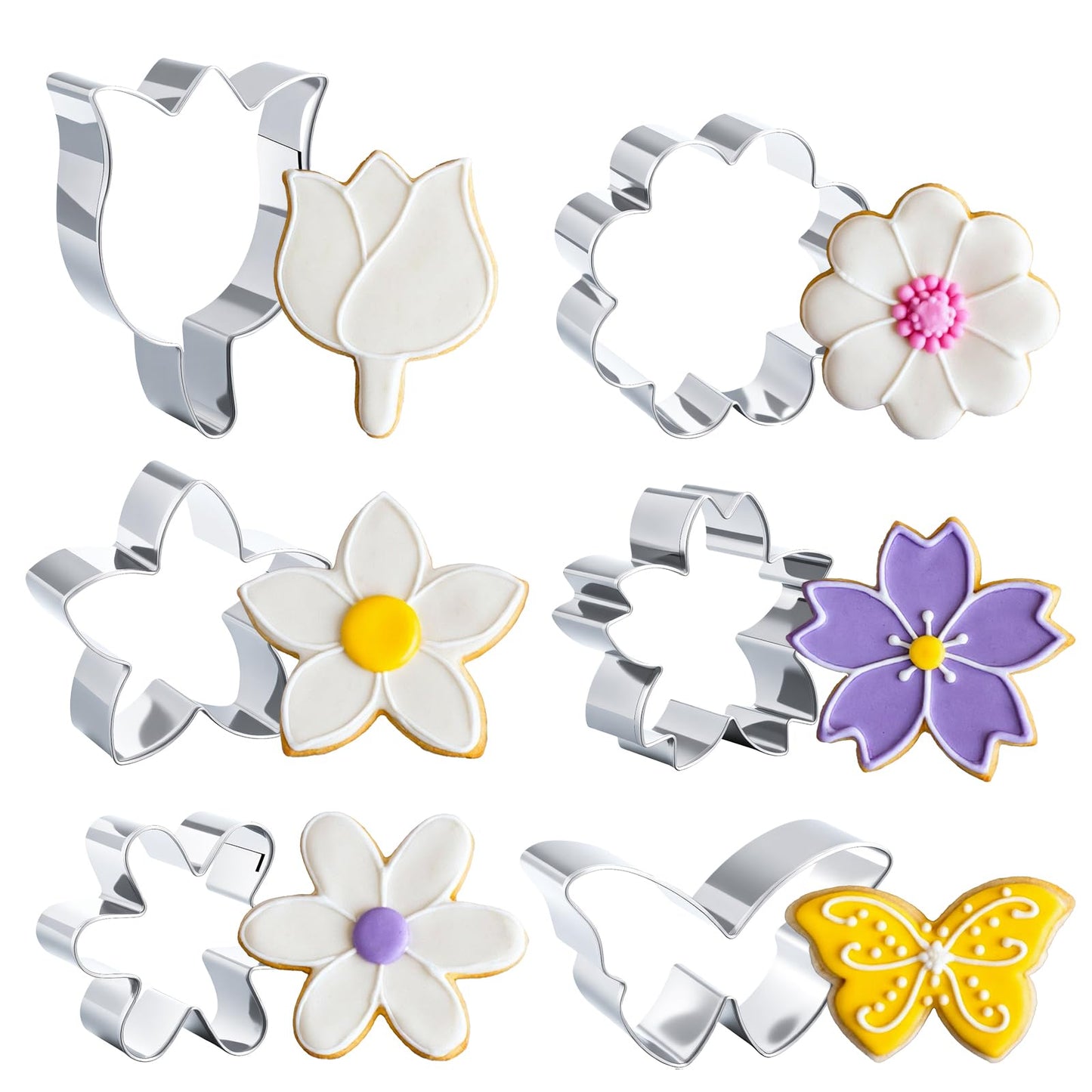 Wanmu 6 Pieces Stainless Steel Cookie Cutters, Summer Flowers Cookie Cutters Flower Shape, Daisy, Tulip, Butterfly, Biscuit Fondant Molds, Biscuit Cutters, Baking Tool