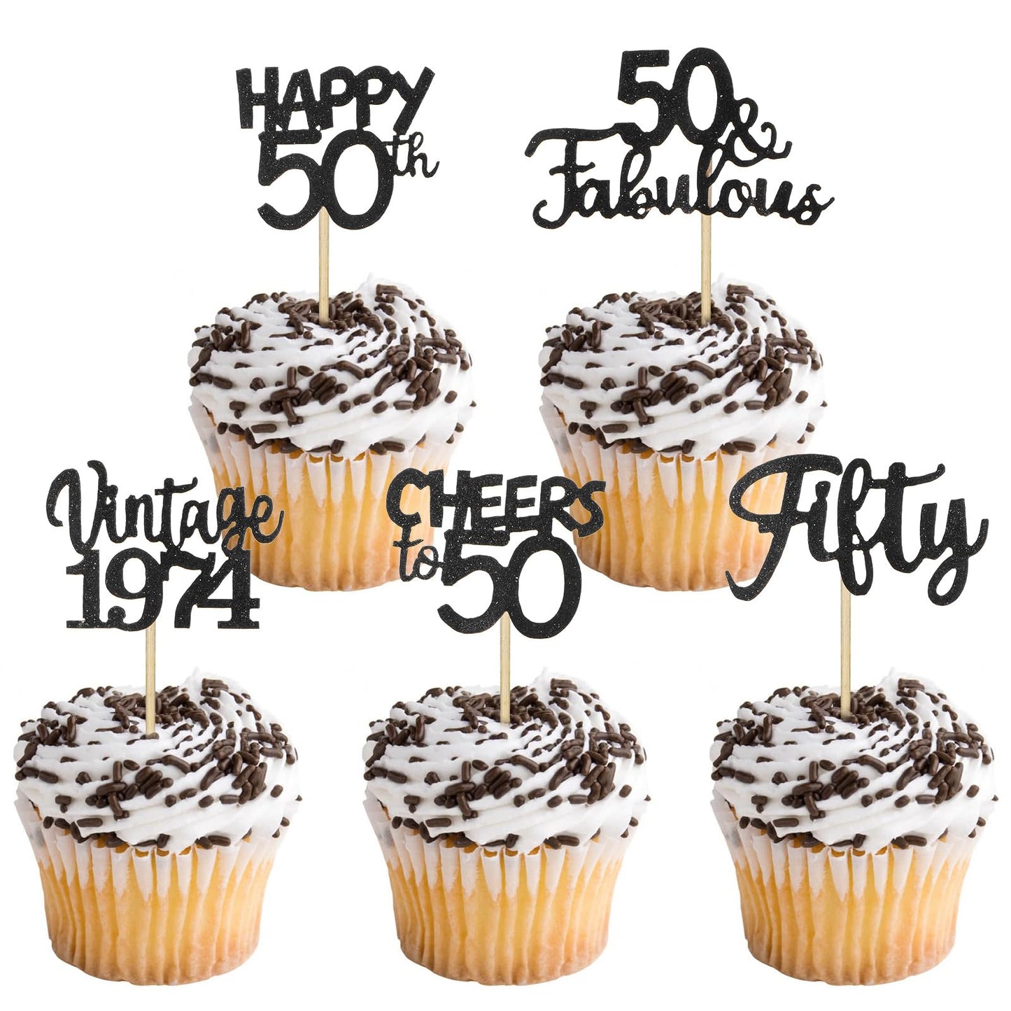 Sibba 30 Pcs Happy 50th Birthday Cupcake Toppers Glitter Cake Picks Black Card Toppers for 50th Birthday Wedding Anniversary Party Supplies for Frosting Icing Decor Baking