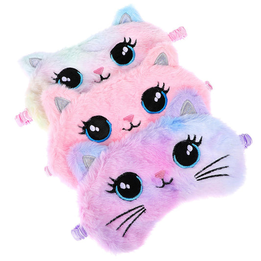 Dimeho 3 PCS Plush Eye Mask Cute Animal Sleeping Mask Soft Sleep Eyeshade Eye Cover Satin Night Blindfold for Women Men Home Sleeping Traveling (Colorful Cat)
