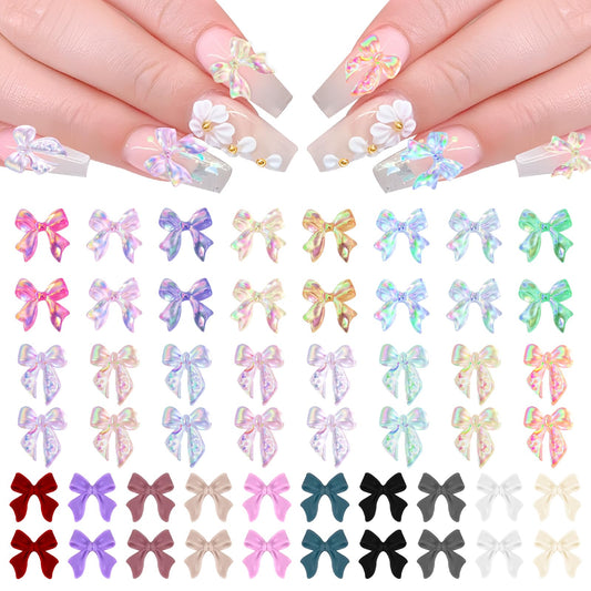 100 Pcs Aurora Bow Nail Charm, Colorful Bowknot Nail Accessories, Resin Cute Nail Rhinestone Glitter, 3D Mix Styles Nail Decoration Kits for Nail Art, Craft and Decoration