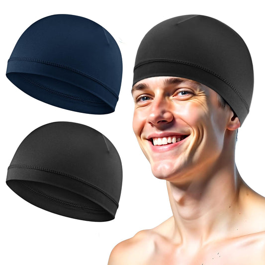 Wanmu 2 Pcs Unisex Cotton Skull Caps Beanie Lightweight Beanie Sleep Hats Stretchy Helmet Liner Multifunctional Headwear Black, Navy